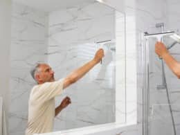Cambiar bañera por plato de ducha. Hombre limpiando un espejo en baño.
