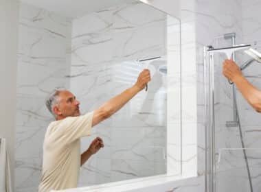 Cambiar bañera por plato de ducha. Hombre limpiando un espejo en baño.