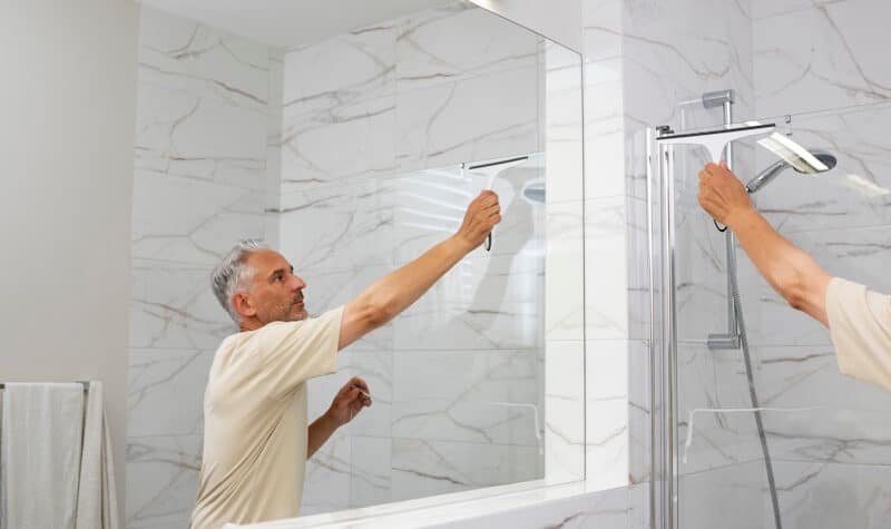 Cambiar bañera por plato de ducha. Hombre limpiando un espejo en baño.