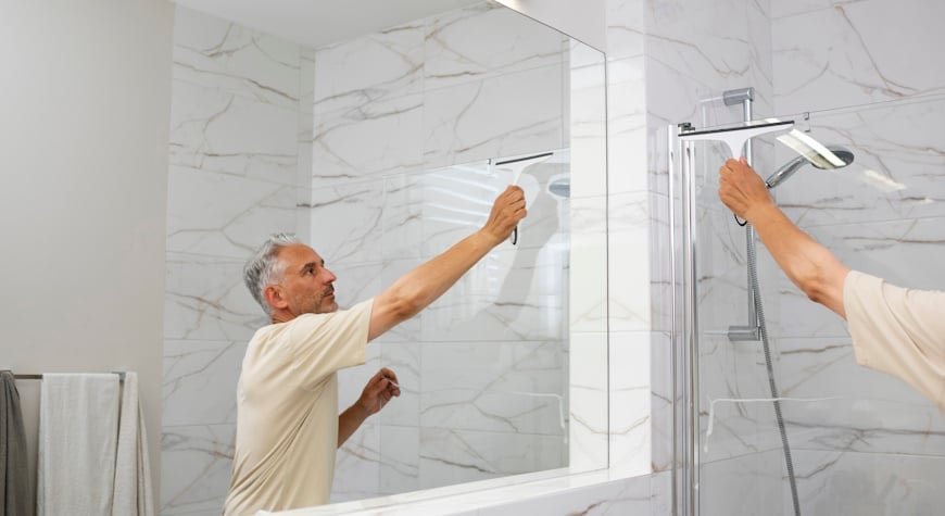 Cambiar bañera por plato de ducha. Hombre limpiando un espejo en baño.