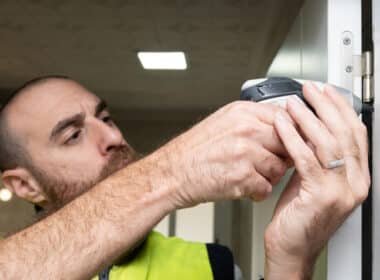 Cerraduras de seguridad antibumping. Hombre instalando cerradura de seguridad