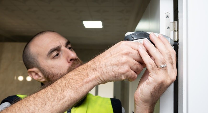 Cerraduras de seguridad antibumping. Hombre instalando cerradura de seguridad