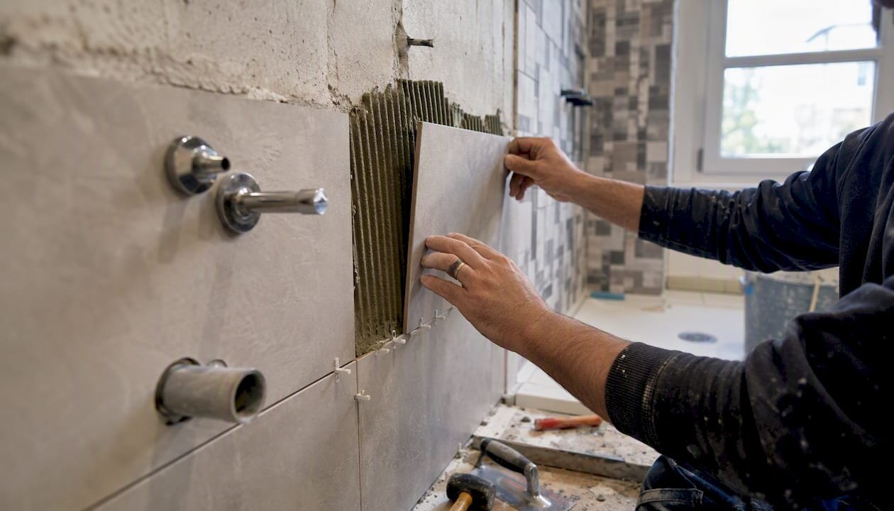 Manos colocando azulejos y accesorios en el baño