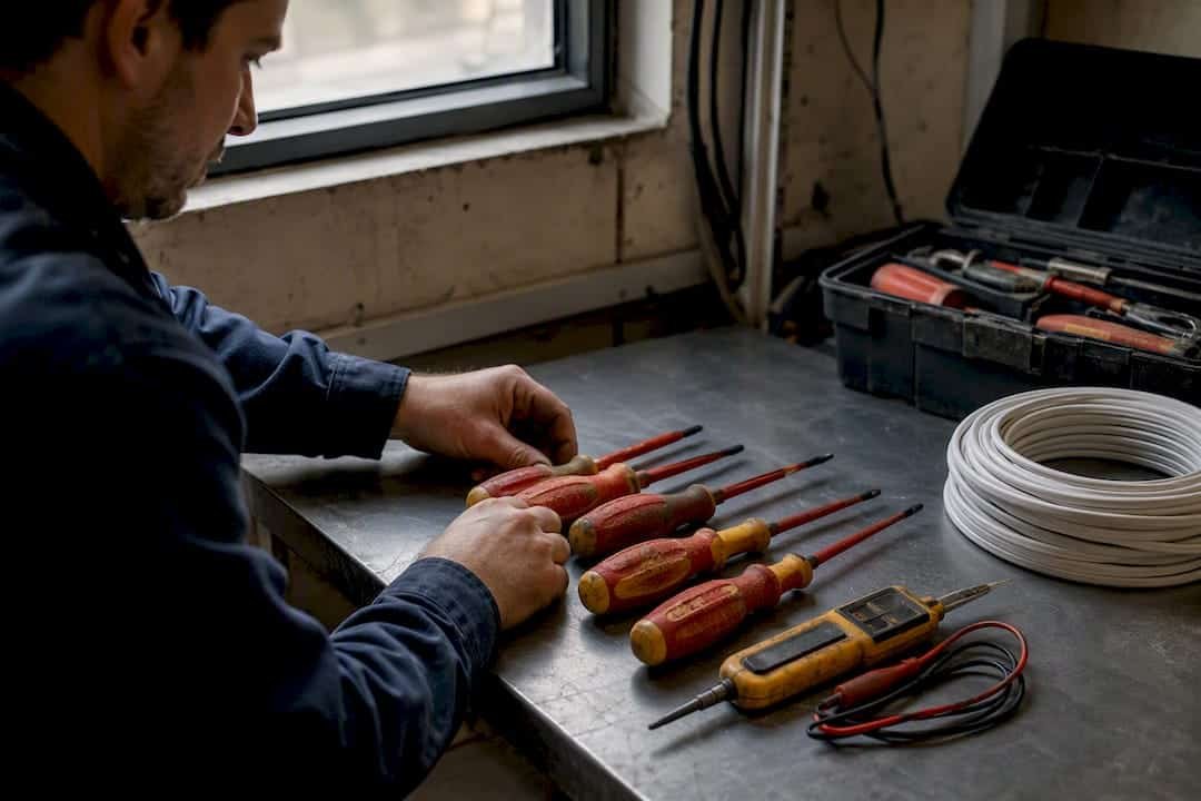 Herramientas de electricista organizadas sobre el banco de trabajo