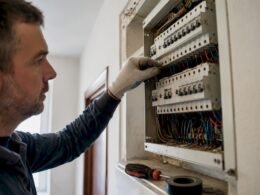 Técnico electricista revisando de cerca el cuadro eléctrico