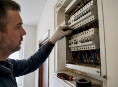 Técnico electricista revisando de cerca el cuadro eléctrico