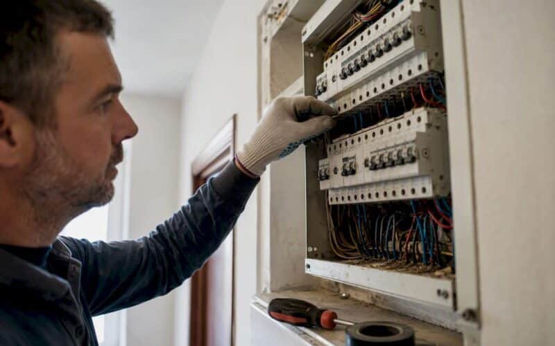 Técnico electricista revisando de cerca el cuadro eléctrico