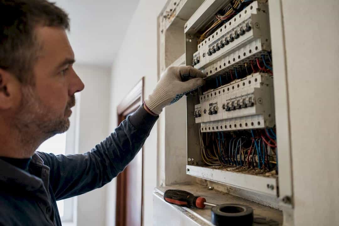Técnico electricista revisando de cerca el cuadro eléctrico