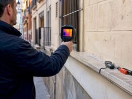 Especialista revisando un edificio con una cámara térmica para detectar posibles problemas.