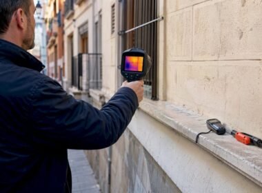 Especialista revisando un edificio con una cámara térmica para detectar posibles problemas.