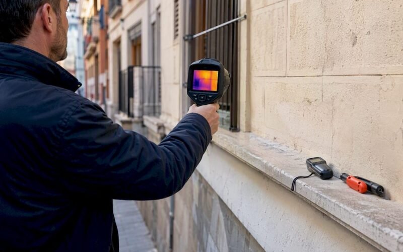 Especialista revisando un edificio con una cámara térmica para detectar posibles problemas.