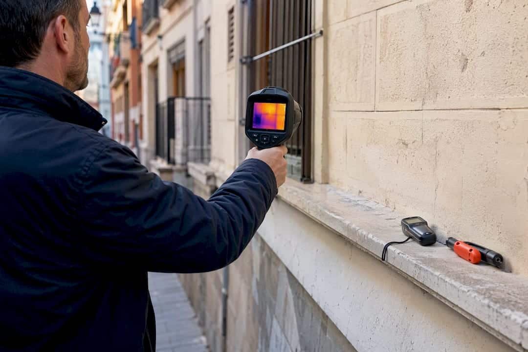 Especialista revisando un edificio con una cámara térmica para detectar posibles problemas.