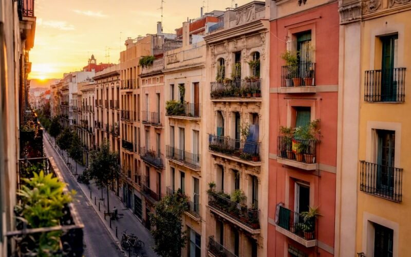Vista de una calle rodeada de edificios residenciales en la ciudad