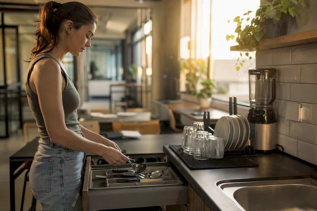 Manos colocando platos en la cocina de un coliving