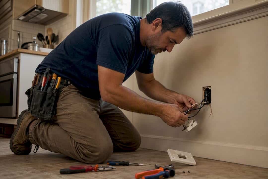 Electricista conectando el cableado de un circuito residencial, primer plano