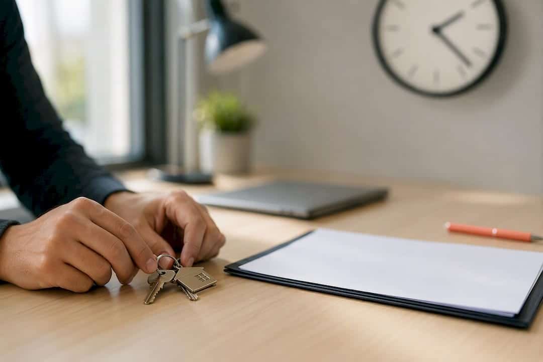 Manos con llaves sobre carpeta de contrato de alquiler