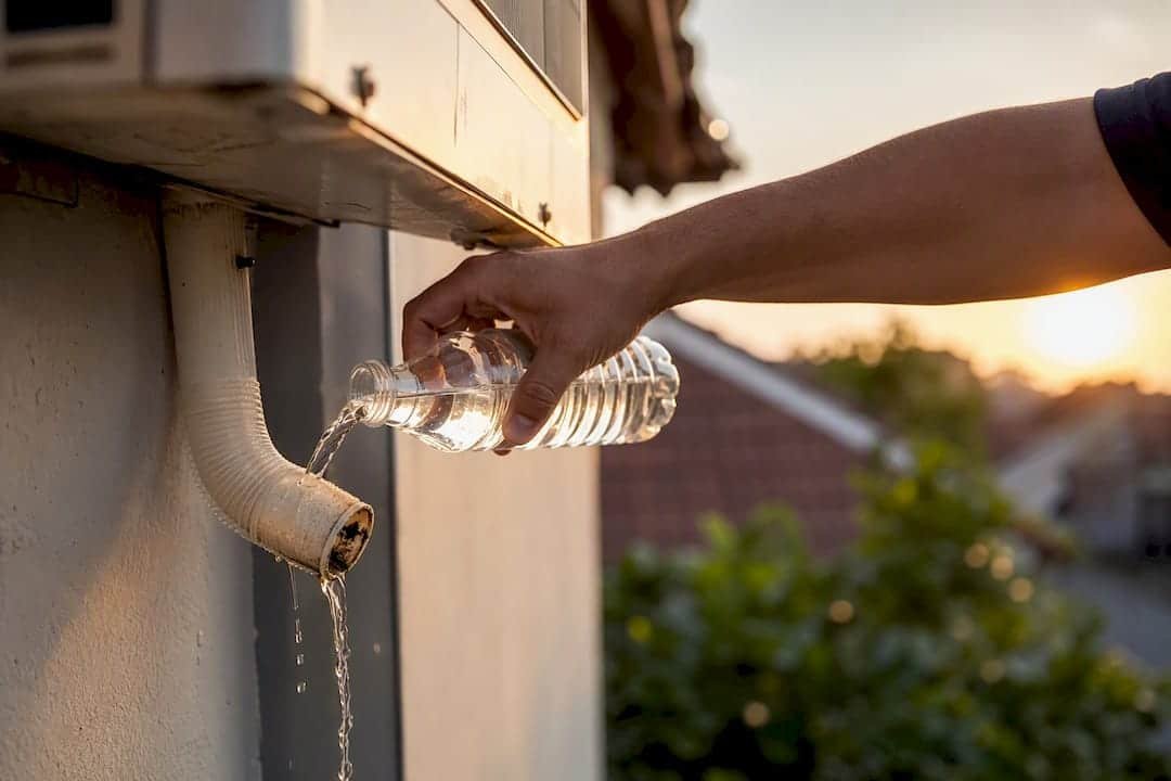Mano inspeccionando el tubo de desagüe del aire acondicionado. Mantenimiento de aire acondicionado Mano inspeccionando el tubo de desagüe del aire acondicionado. Mantenimiento de aire acondicionado