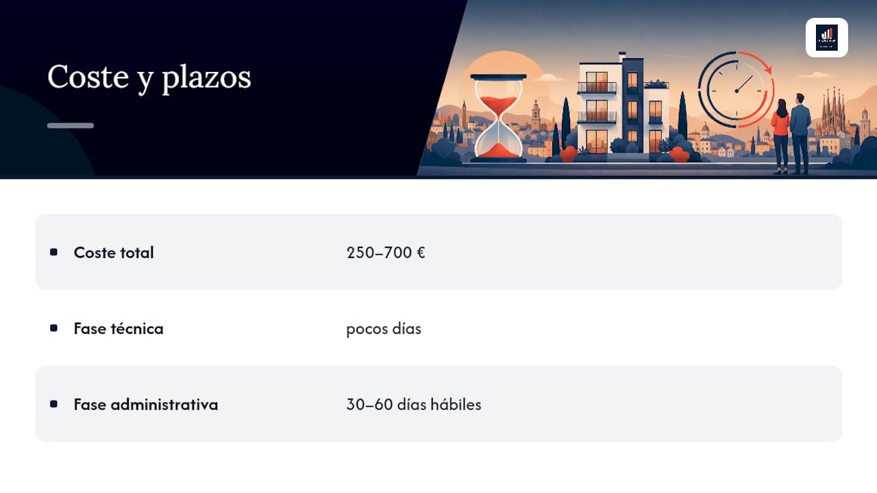 Cédula de habitabilidad en España sin retrasos 250–700 € y 30–60 días Portal inmobiliario de noticias profesionales Diagrama de las etapas de costo y tiempo en el proceso del certificado de vivienda