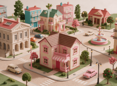 Maqueta ilustrada de viviendas y barrios españoles con diferentes estilos de vida