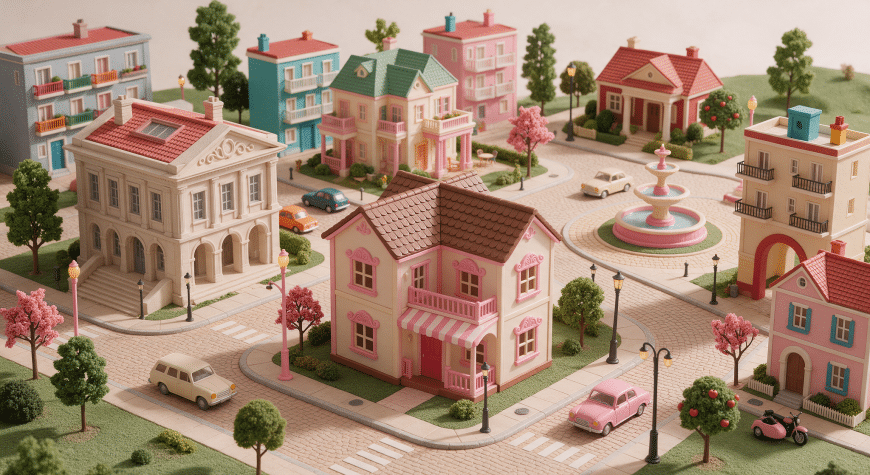 Maqueta ilustrada de viviendas y barrios españoles con diferentes estilos de vida