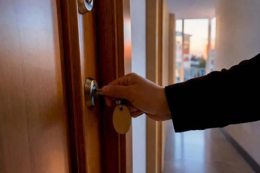 Llave puesta en la cerradura de la habitación en alquiler. Contrato de alquiler de habitación