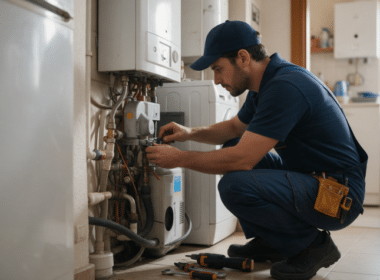 Profesional realizando una revisión preventiva de instalaciones en una vivienda