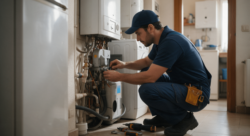 Profesional realizando una revisión preventiva de instalaciones en una vivienda