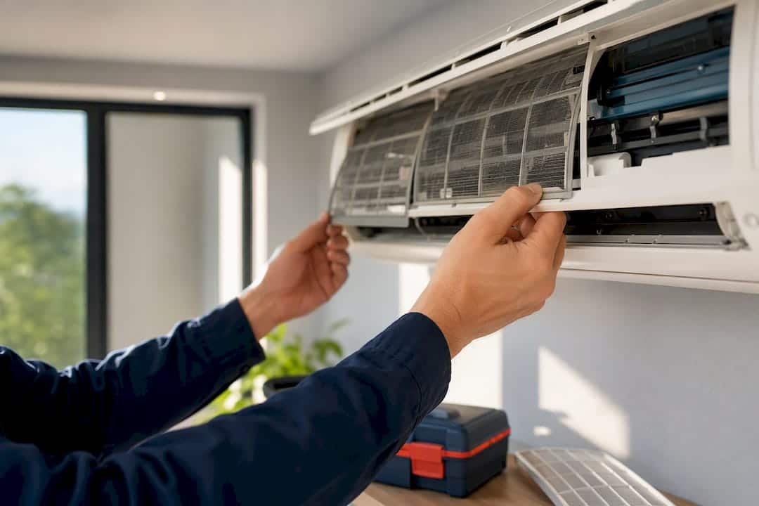 Técnico inspeccionando las partes del aire acondicionado