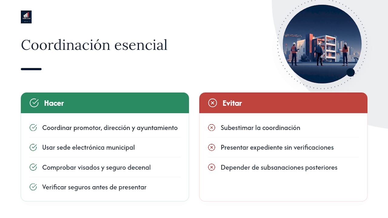 Perspectiva editorial: coordinación entre promotor, dirección facultativa y ayuntamiento — overview diagram