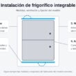 Esquema para instalar un frigorífico integrable con medidas, ventilación, fijación y ajuste de puerta