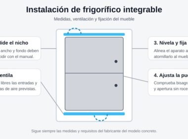 Esquema para instalar un frigorífico integrable con medidas, ventilación, fijación y ajuste de puerta