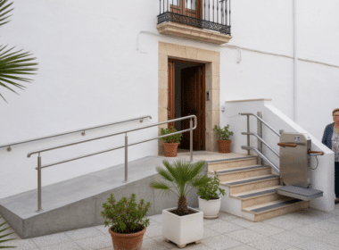Entrada accesible de edificio residencial con rampa, plataforma salvaescaleras y barandillas