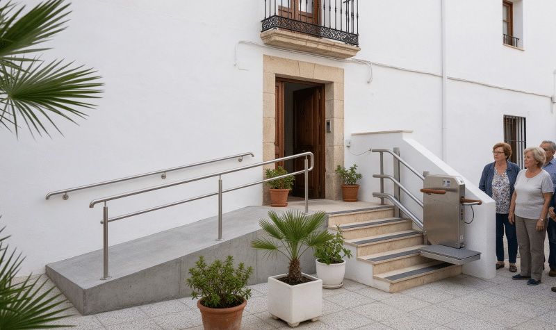 Entrada accesible de edificio residencial con rampa, plataforma salvaescaleras y barandillas