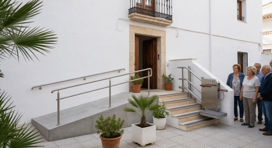Entrada accesible de edificio residencial con rampa, plataforma salvaescaleras y barandillas