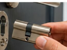 Mano sustituyendo el bombín de una cerradura de puerta