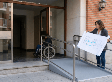 Acceso accesible a una comunidad de propietarios con rampa y persona en silla de ruedas