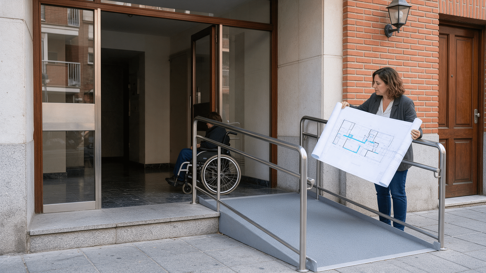Acceso accesible a una comunidad de propietarios con rampa y persona en silla de ruedas
