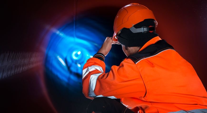 Mantenimiento red saneamiento con operario inspeccionando conducciones