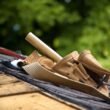 Tejados y cubiertas con trabajador realizando trabajos de construcción en un tejado